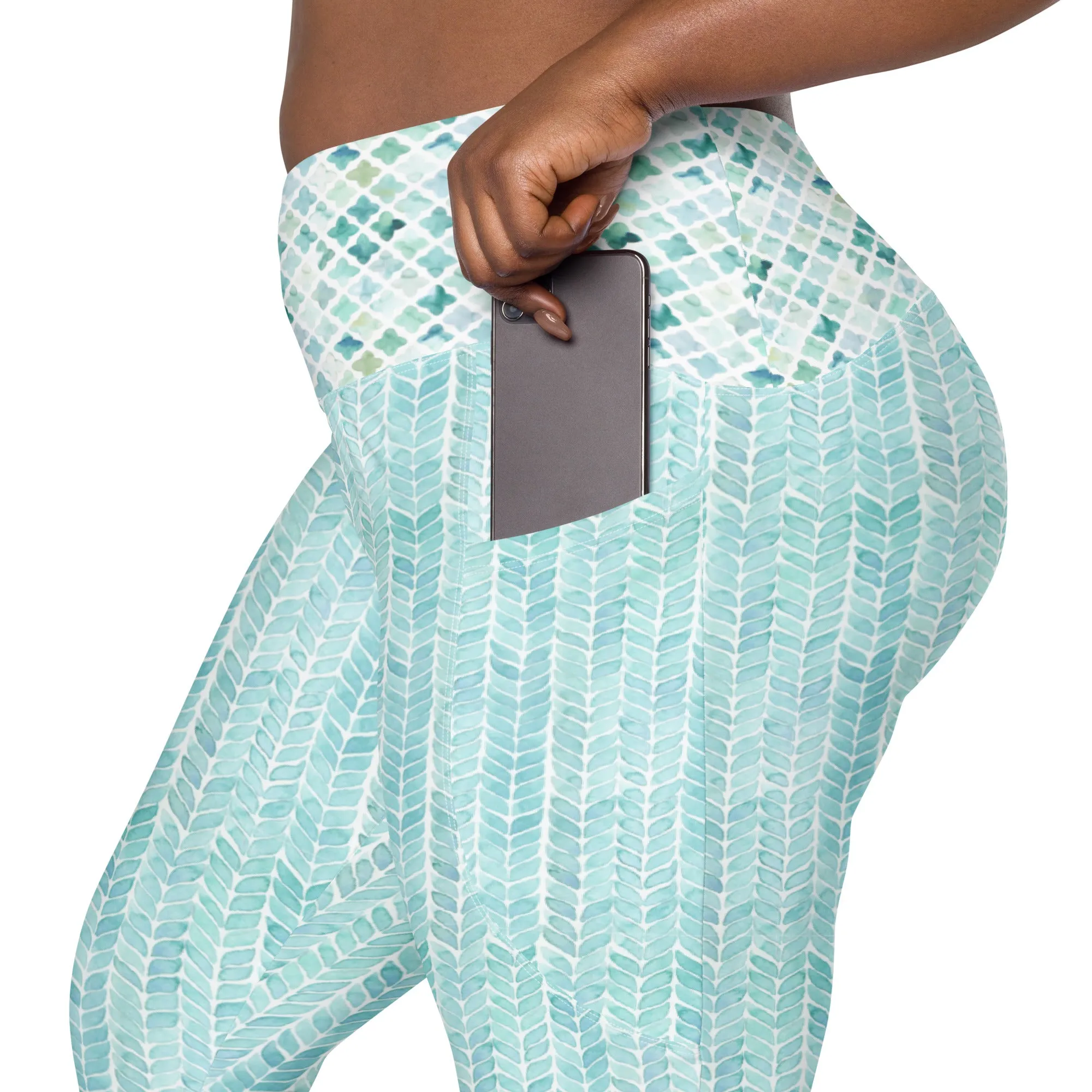 Turquoise Watercolor Vertical Stripes Leggings with pockets